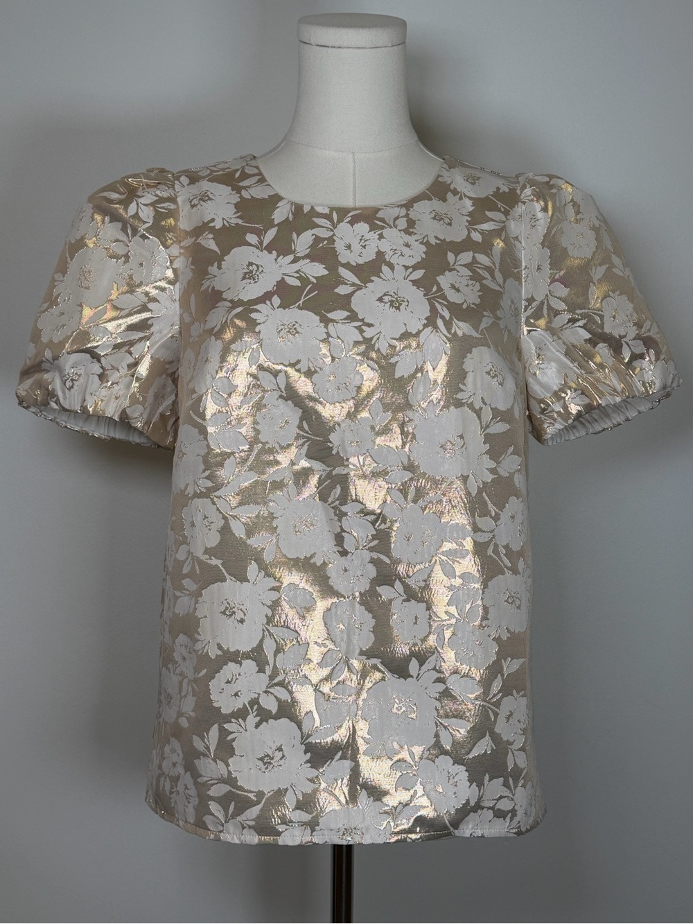 New! J.Crew Jacquard Puff-Sleeve Top Ivory & Gold Metallic Floral Women’s XS